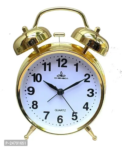 SPIRITUAL HOUSE Golden Metal Alarm Clock Brass Vintage Twin Bell Table Top Alarm Clock with Night LED Light Display Alarm Clock (Golden)-thumb0