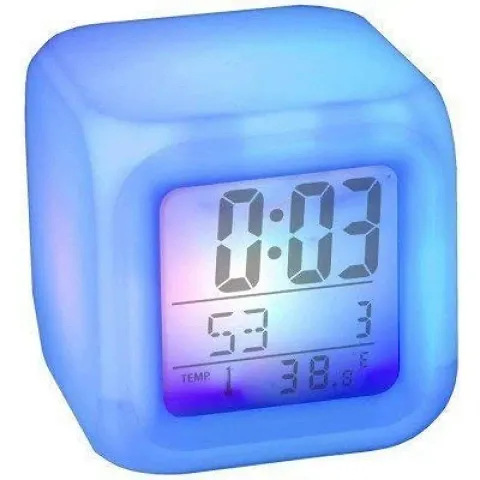 SPIRITUAL HOUSE Magic Digital Calendar, Timer Watch, Temperature Light Operated LED Plastic Alarm Clock with Automatic 7 Color Changing for Bedroom, Heavy Sleepers, Students (White, 7.5x7.5x7.5 cm)