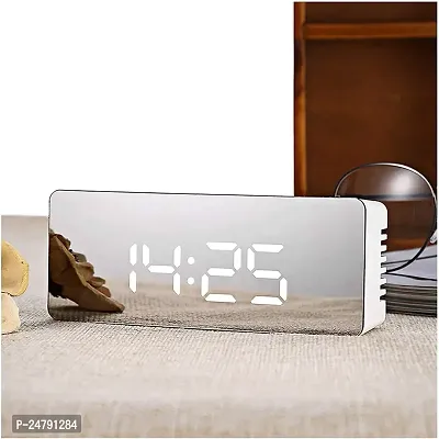 SPIRITUAL HOUSE Digital Large LED, Mirror Alarm Clock for Heavy Sleepers with Snooze Time Temperature Function for Bedroom Function Battery Powered  USB Powered (Silver White)