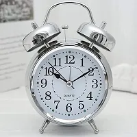 SPIRITUAL HOUSE Silver Metal Alarm Clock Brass Vintage Twin Bell Table Top Alarm Clock with Night LED Light Display Alarm Clock (Silver)-thumb1