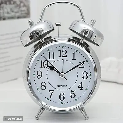 SPIRITUAL HOUSE Silver Metal Alarm Clock Brass Vintage Twin Bell Table Top Alarm Clock with Night LED Light Display Alarm Clock (Silver)-thumb2