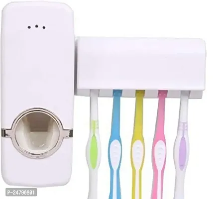 SPIRITUAL HOUSE Hands Free Wall Mounted Plastic Dust Proof Automatic Toothpaste Dispenser and Detachable Hole 5 Toothbrush Holder