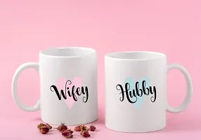 The Mark Advertising Hubby Wifey Printed White Ceramic Coffee Tea Mugs for Husband,Wife,Couples,Anniversary,Birthday,Set of 2-350 ml.-thumb1