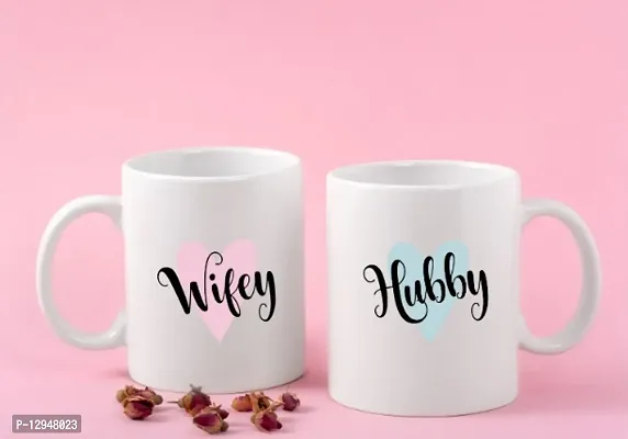 The Mark Advertising Hubby Wifey Printed White Ceramic Coffee Tea Mugs for Husband,Wife,Couples,Anniversary,Birthday,Set of 2-350 ml.-thumb2