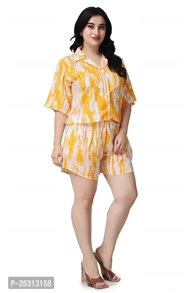 Women's Printed Top  Short Sleeve Shorts 2 Piece Outfits PJ Tracksuit Set (Large, Yellow)-thumb4