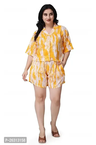 Women's Printed Top  Short Sleeve Shorts 2 Piece Outfits PJ Tracksuit Set (Large, Yellow)