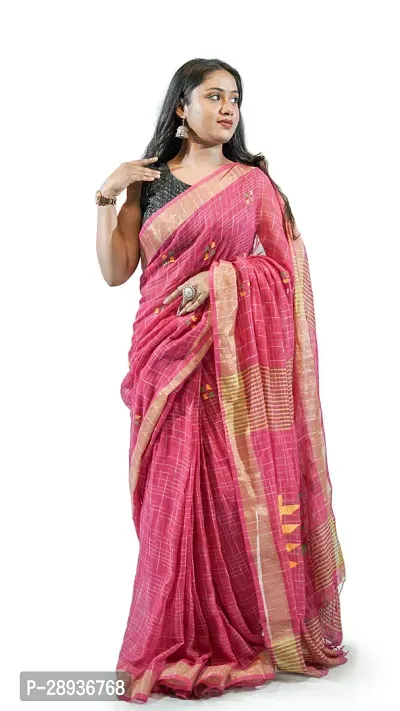 Stylish Rani Pink Pure Cotton Handloom Saree With Blouse Piece Pine Tree Design