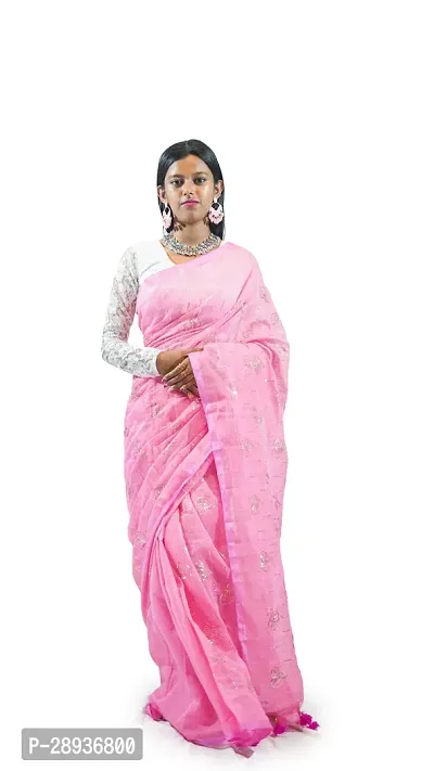 Stylish Pink Cotton Handloom Saree Sequence Work Love Design-thumb0