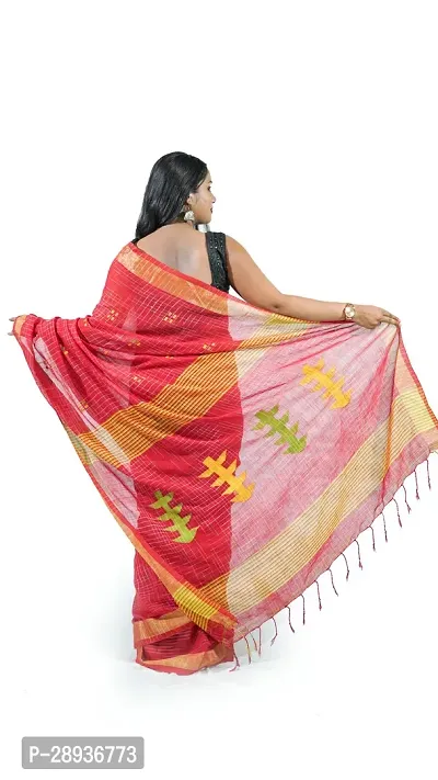 Stylish Red Pure Cotton Handloom Saree With Blouse Piece Pine Tree Design-thumb3