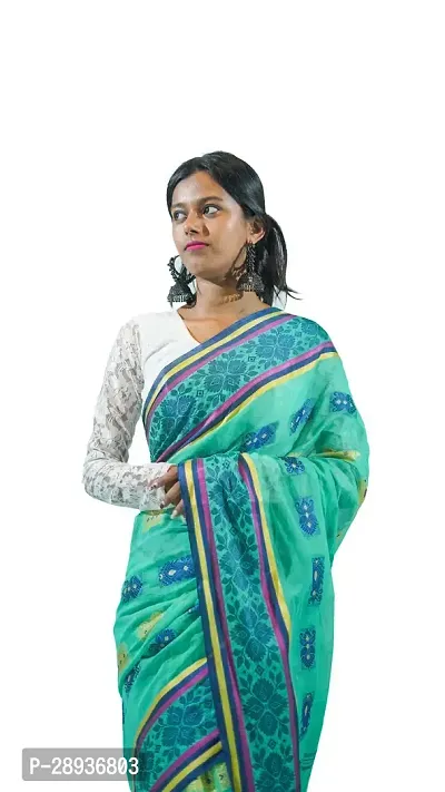 Stylish Firozi Pure Cotton Tant Saree Without Blouse Piece For Women