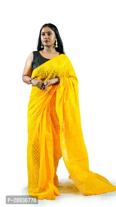 Stylish Yellow Cotton Soft Dhakai Jamdani Saree With Blouse Piece For Women