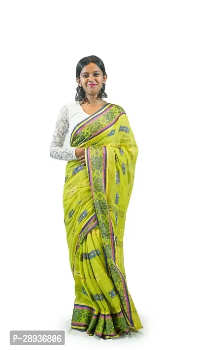 Stylish Parrot Green Pure Cotton Tant Saree Without Blouse Piece For Women