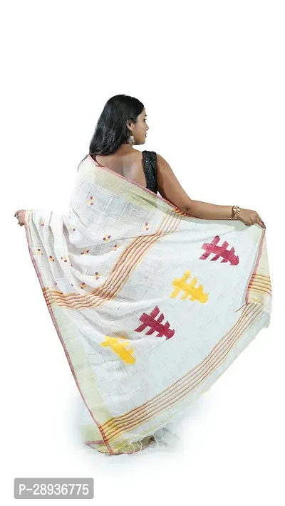 Stylish White Pure Cotton Handloom Saree With Blouse Piece Pine Tree Design-thumb3