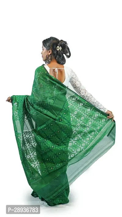 Stylish Deep Green Cotton Soft Dhakai Jamdani Saree With Blouse Piece For Women-thumb3