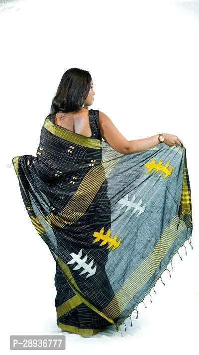 Stylish Black Pure Cotton Handloom Saree With Blouse Piece Pine Tree Design-thumb4