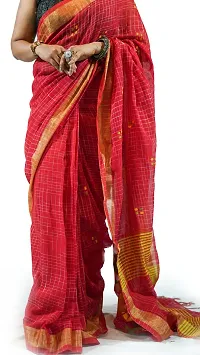 Stylish Red Pure Cotton Handloom Saree With Blouse Piece Pine Tree Design-thumb1