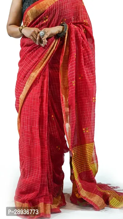 Stylish Red Pure Cotton Handloom Saree With Blouse Piece Pine Tree Design-thumb2