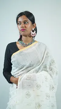 Stylish White Cotton Handloom Saree Sequence Work Love Design-thumb2