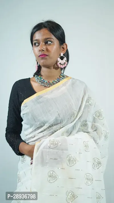 Stylish White Cotton Handloom Saree Sequence Work Love Design-thumb3