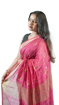 Stylish Rani Pink Pure Cotton Handloom Saree With Blouse Piece Pine Tree Design-thumb1