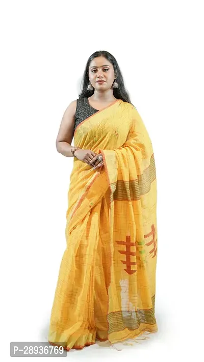 Stylish Yellow Pure Cotton Handloom Saree With Blouse Piece Pine Tree Design