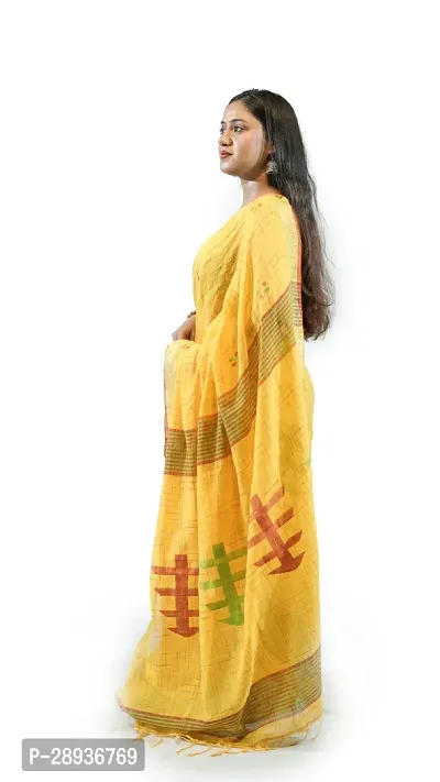 Stylish Yellow Pure Cotton Handloom Saree With Blouse Piece Pine Tree Design-thumb3