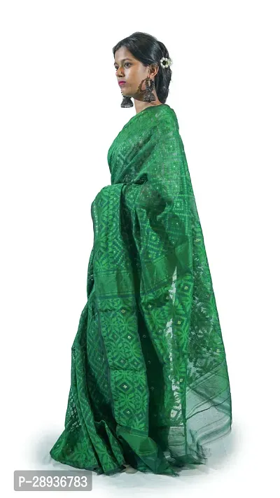 Stylish Deep Green Cotton Soft Dhakai Jamdani Saree With Blouse Piece For Women-thumb2