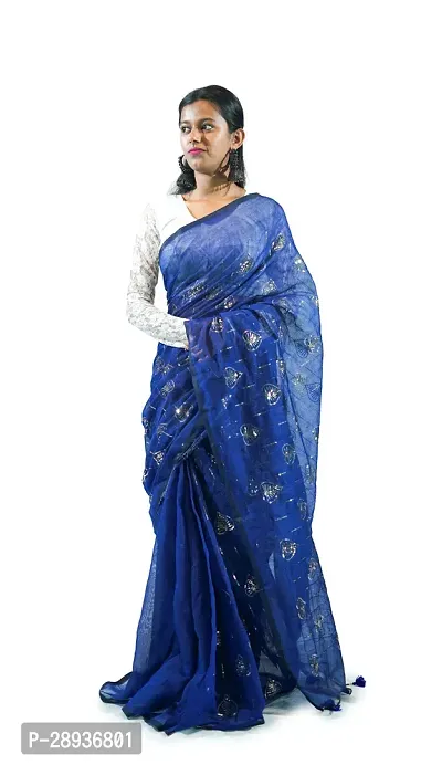 Stylish Blue Cotton Handloom Saree Sequence Work Love Design-thumb0