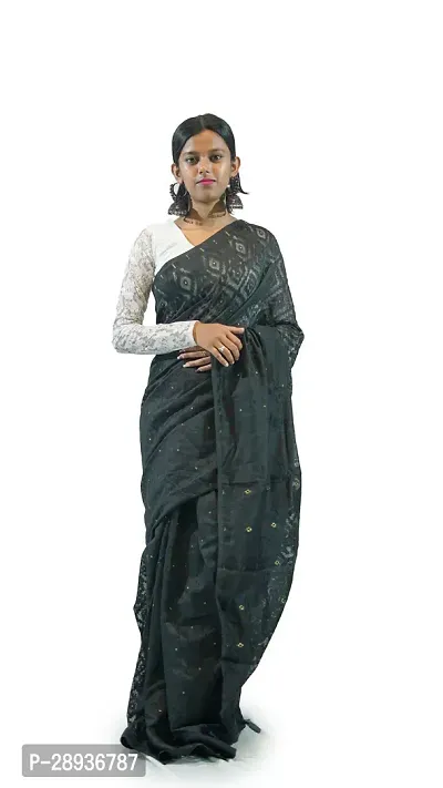 Stylish Black Cotton Saree With Blouse Piece For Women