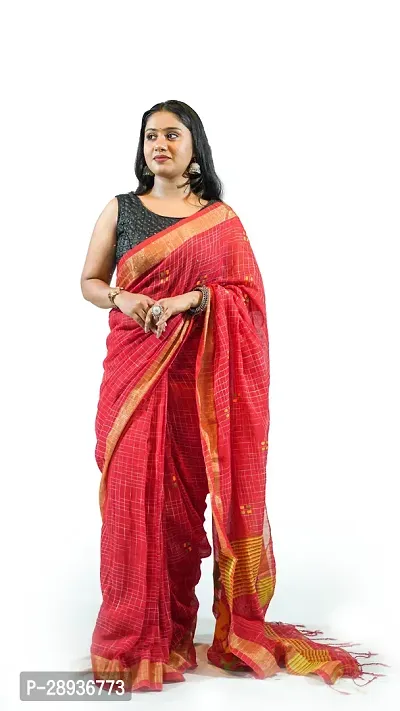 Stylish Red Pure Cotton Handloom Saree With Blouse Piece Pine Tree Design