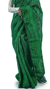 Stylish Deep Green Cotton Soft Dhakai Jamdani Saree With Blouse Piece For Women-thumb3