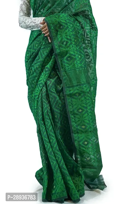 Stylish Deep Green Cotton Soft Dhakai Jamdani Saree With Blouse Piece For Women-thumb4