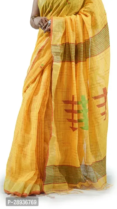 Stylish Yellow Pure Cotton Handloom Saree With Blouse Piece Pine Tree Design-thumb2