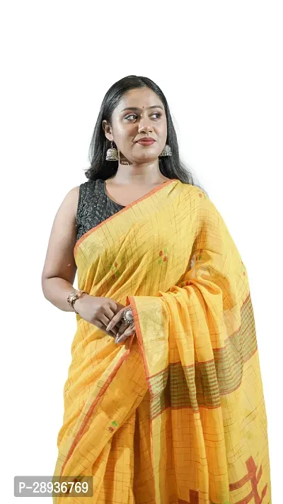 Stylish Yellow Pure Cotton Handloom Saree With Blouse Piece Pine Tree Design-thumb4