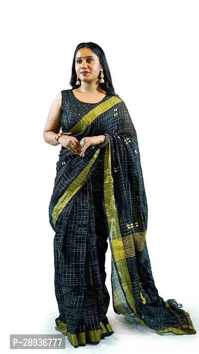 Stylish Black Pure Cotton Handloom Saree With Blouse Piece Pine Tree Design-thumb0