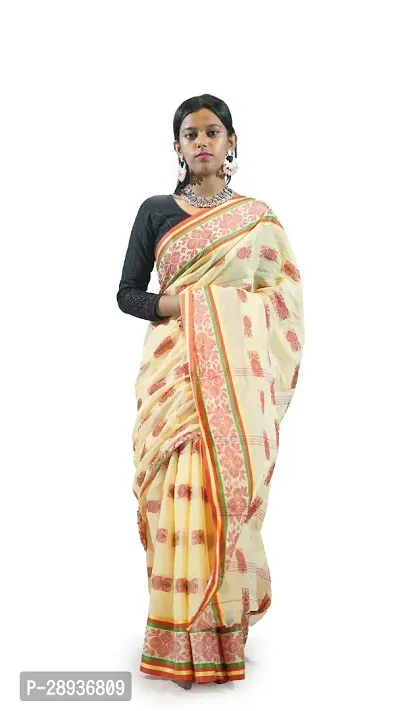 Stylish Cream Pure Cotton Tant Saree Without Blouse Piece For Women-thumb0