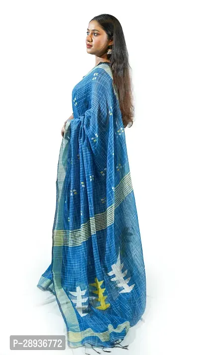 Stylish Sky Blue Pure Cotton Handloom Saree With Blouse Piece Pine Tree Design-thumb4