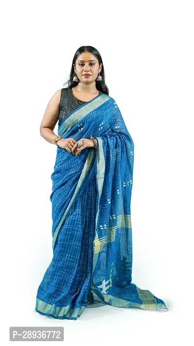 Stylish Sky Blue Pure Cotton Handloom Saree With Blouse Piece Pine Tree Design