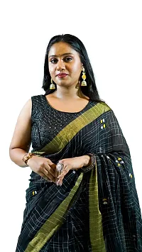 Stylish Black Pure Cotton Handloom Saree With Blouse Piece Pine Tree Design-thumb1