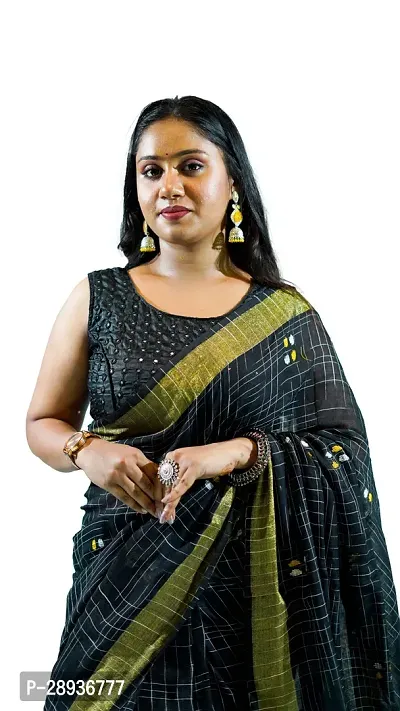 Stylish Black Pure Cotton Handloom Saree With Blouse Piece Pine Tree Design-thumb2