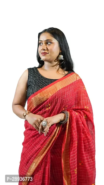 Stylish Red Pure Cotton Handloom Saree With Blouse Piece Pine Tree Design-thumb4