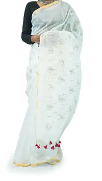 Stylish White Cotton Saree With Blouse Piece For Women-thumb1