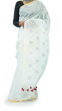 Stylish White Cotton Handloom Saree Sequence Work Love Design-thumb1