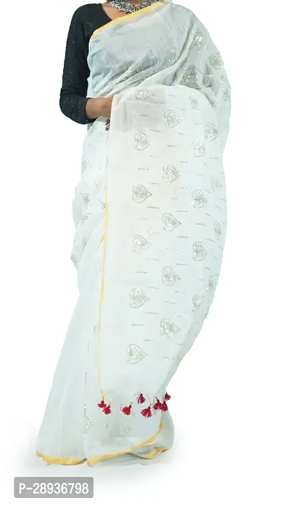 Stylish White Cotton Saree With Blouse Piece For Women-thumb2