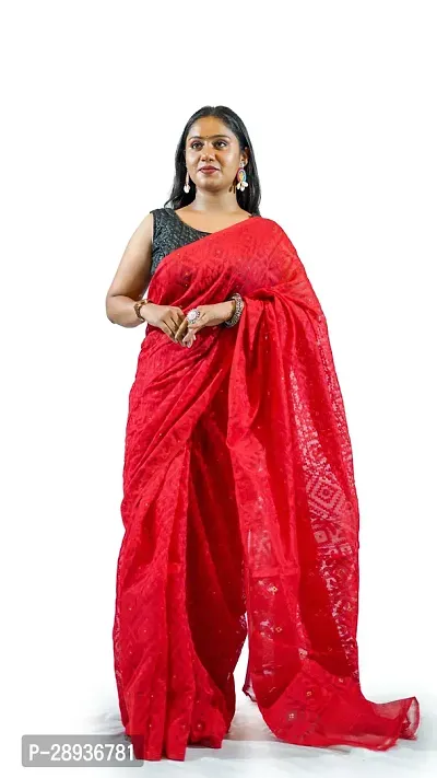 Stylish Red Cotton Soft Dhakai Jamdani Saree With Blouse Piece For Women