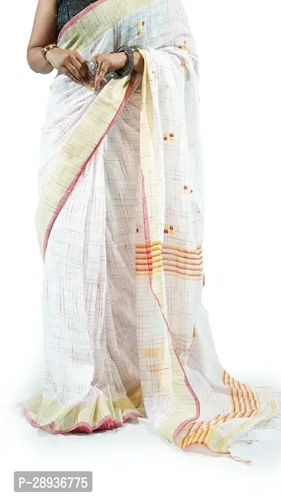 Stylish White Pure Cotton Handloom Saree With Blouse Piece Pine Tree Design-thumb4