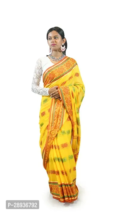 Stylish Yellow Pure Cotton Tant Saree Without Blouse Piece For Women