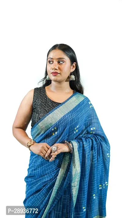 Stylish Sky Blue Pure Cotton Handloom Saree With Blouse Piece Pine Tree Design-thumb2