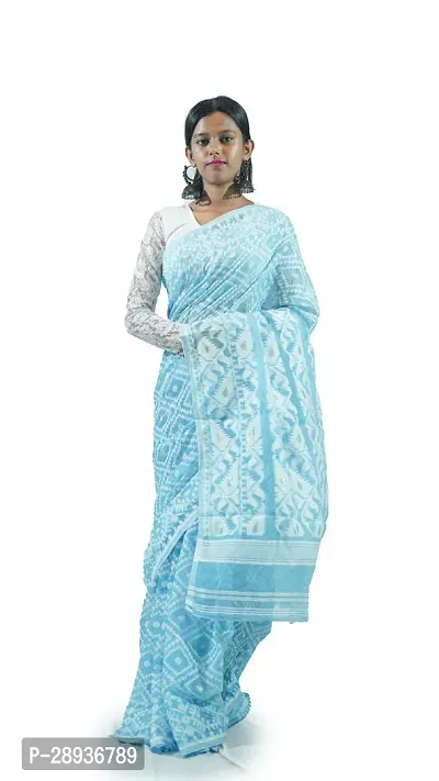 Stylish Sky Blue With White Cotton Soft Dhakai Jamdani Saree With Blouse Piece For Women