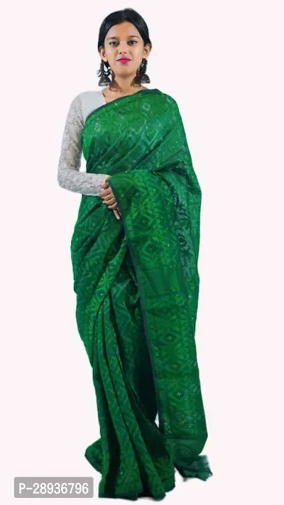 Stylish Green Cotton Saree With Blouse Piece For Women